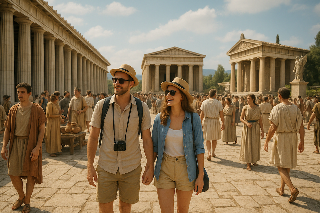Time travelers walking in ancient Athens